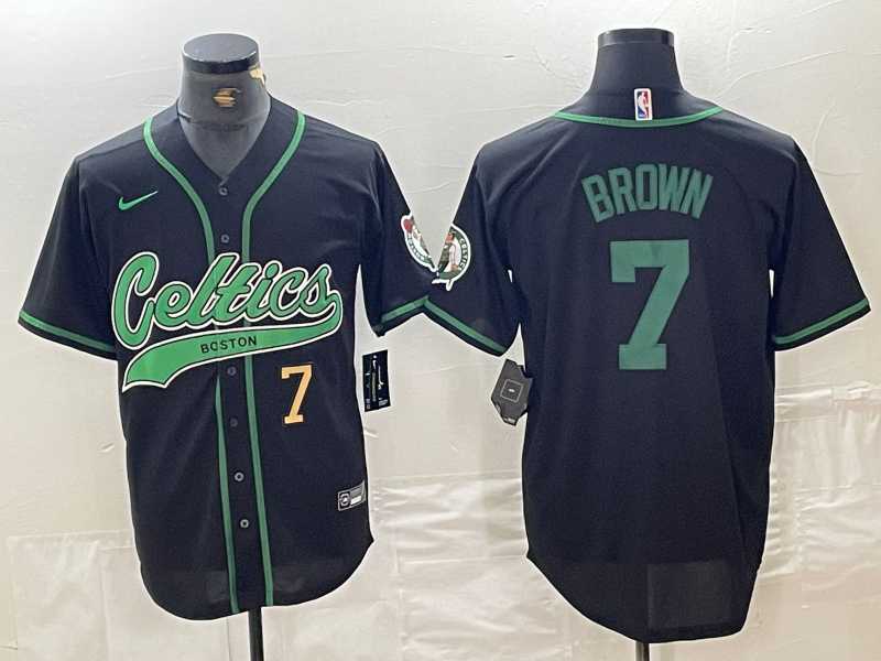 Mens Boston Celtics #7 Jaylen Brown Number Black Cool Base Stitched Baseball Jersey